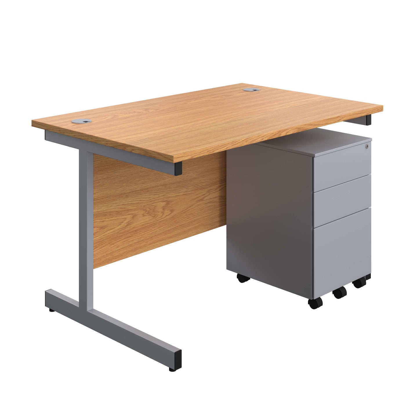 Single Upright Rectangular Desk + Under Desk Steel Pedestal 3 Drawers (FSC) | 1200 X 800 | Nova Oak/Silver