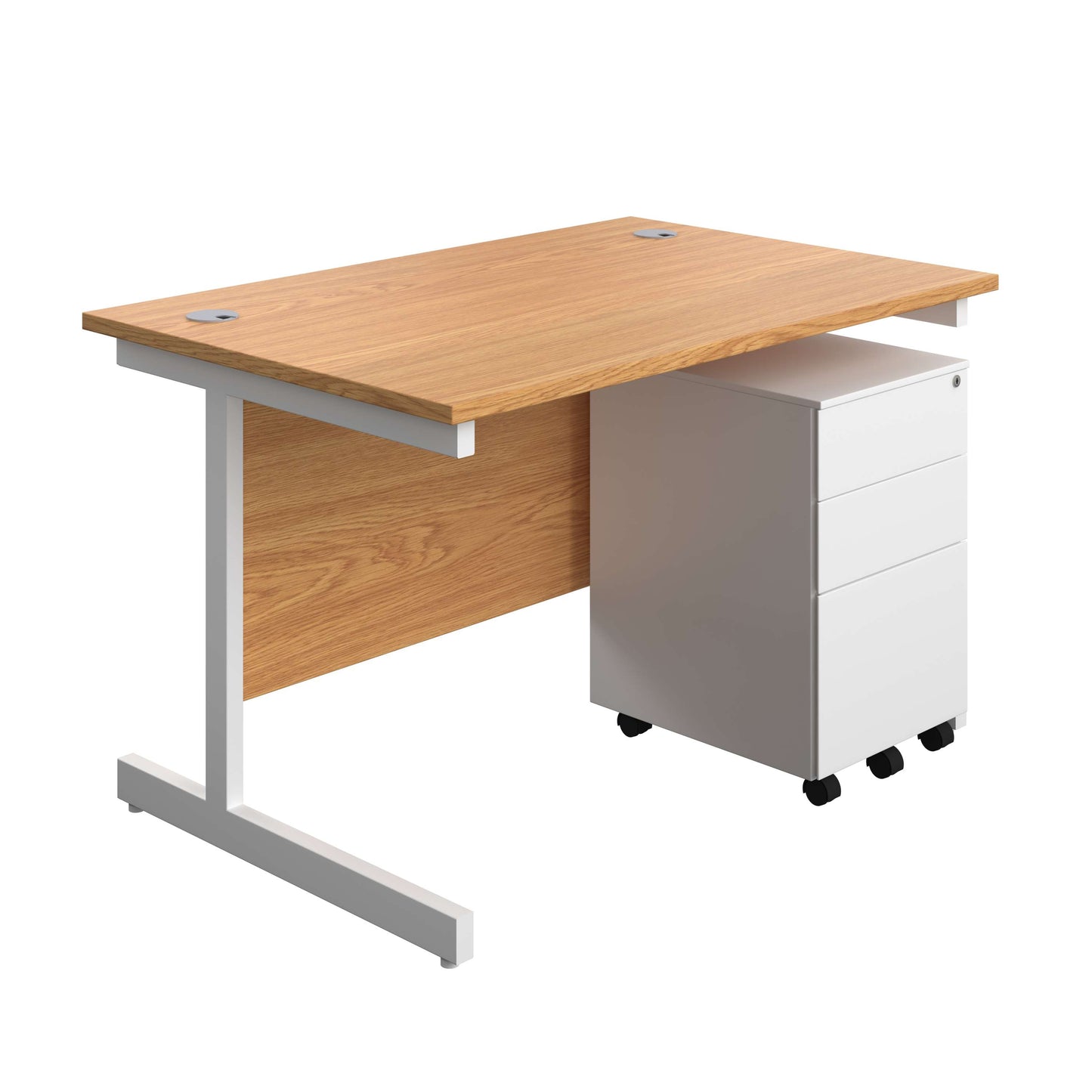 Single Upright Rectangular Desk + Under Desk Steel Pedestal 3 Drawers (FSC) | 1200 X 800 | Nova Oak/White