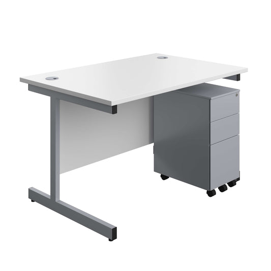 Single Upright Rectangular Desk + Slimline Steel Pedestal 3 Drawers (FSC) | 1200 X 800 | White/Silver