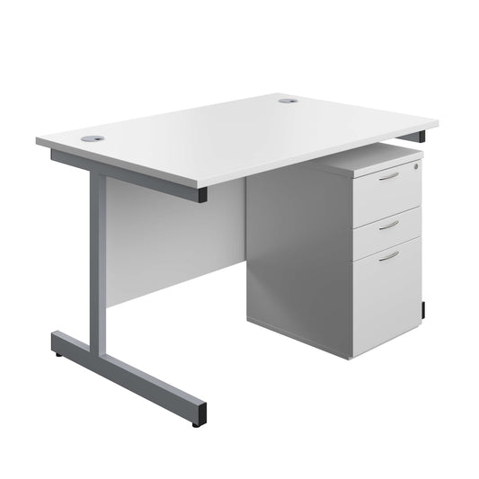 Single Upright Rectangular Desk + High Mobile Pedestal 3 Drawer (FSC) | 1200 X 800 | White/Silver