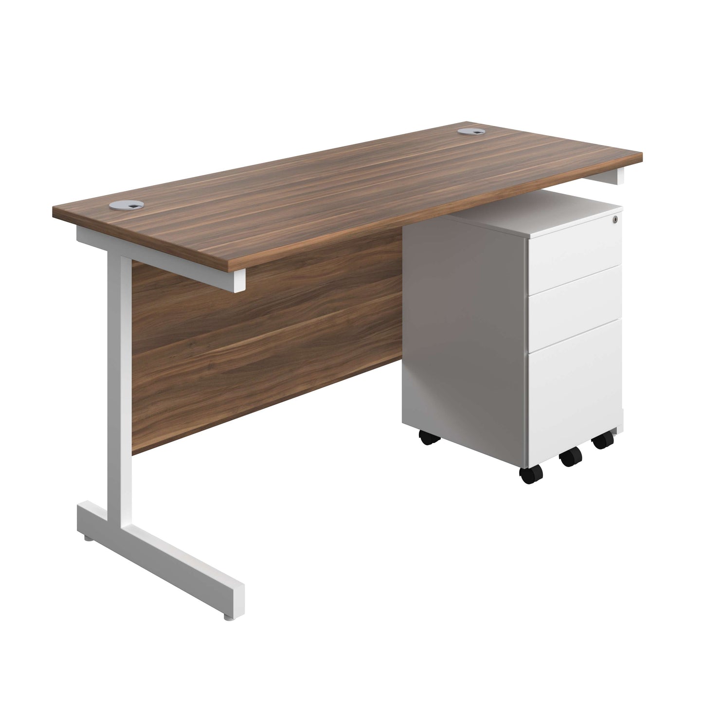 Single Upright Rectangular Desk + Under Desk Steel Pedestal 3 Drawers (FSC) | 1400 X 600 | Dark Walnut/White