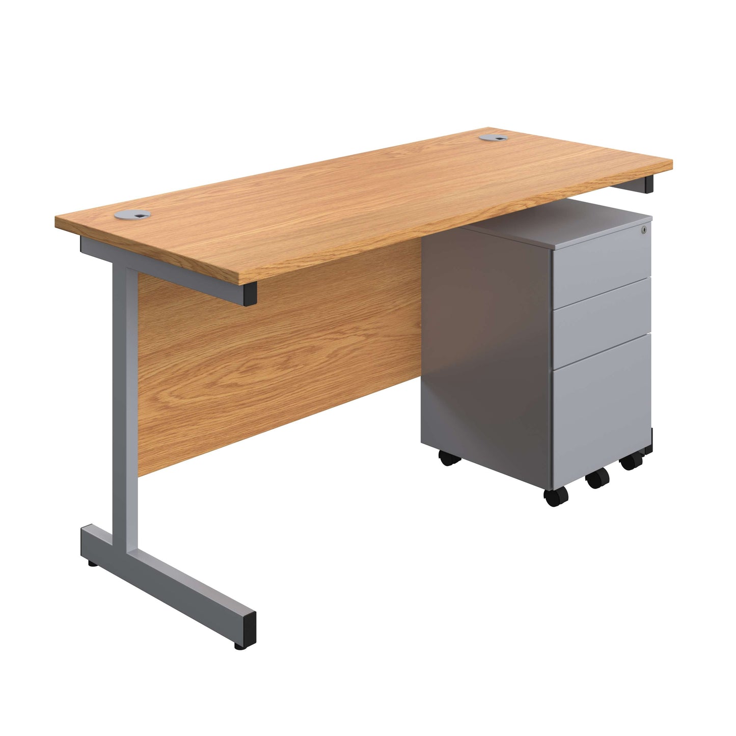 Single Upright Rectangular Desk + Under Desk Steel Pedestal 3 Drawers (FSC) | 1400 X 600 | Nova Oak/Silver