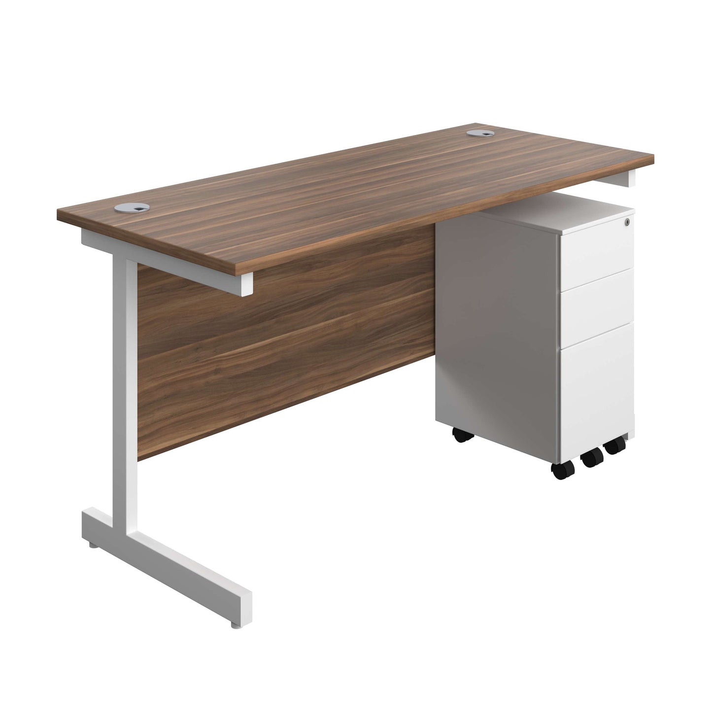 Single Upright Rectangular Desk + Slimline Steel Pedestal 3 Drawers (FSC) | 1400 X 600 | Dark Walnut/White