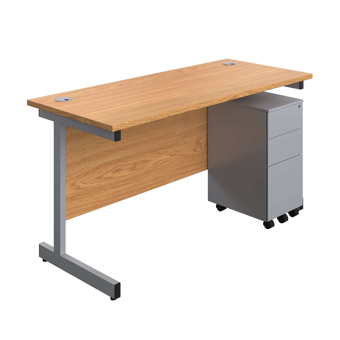 Single Upright Rectangular Desk + Slimline Steel Pedestal 3 Drawers (FSC) | 1400 X 600 | Nova Oak/Silver