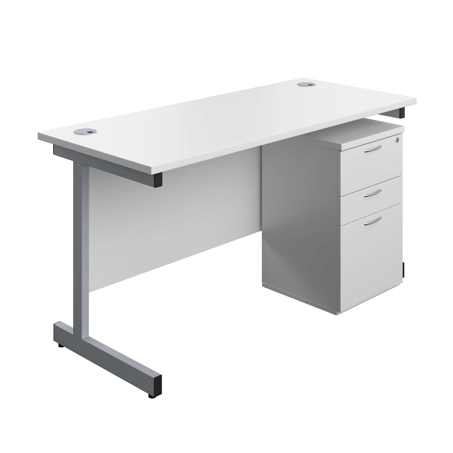 Single Upright Rectangular Desk + High Mobile Pedestal 3 Drawer (FSC) | 1400 X 600 | White/Silver