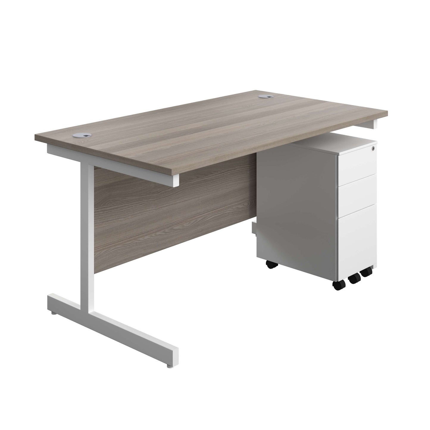 Single Upright Rectangular Desk + Slimline Steel Pedestal 3 Drawers (FSC) | 1400 X 800 | Grey Oak/White