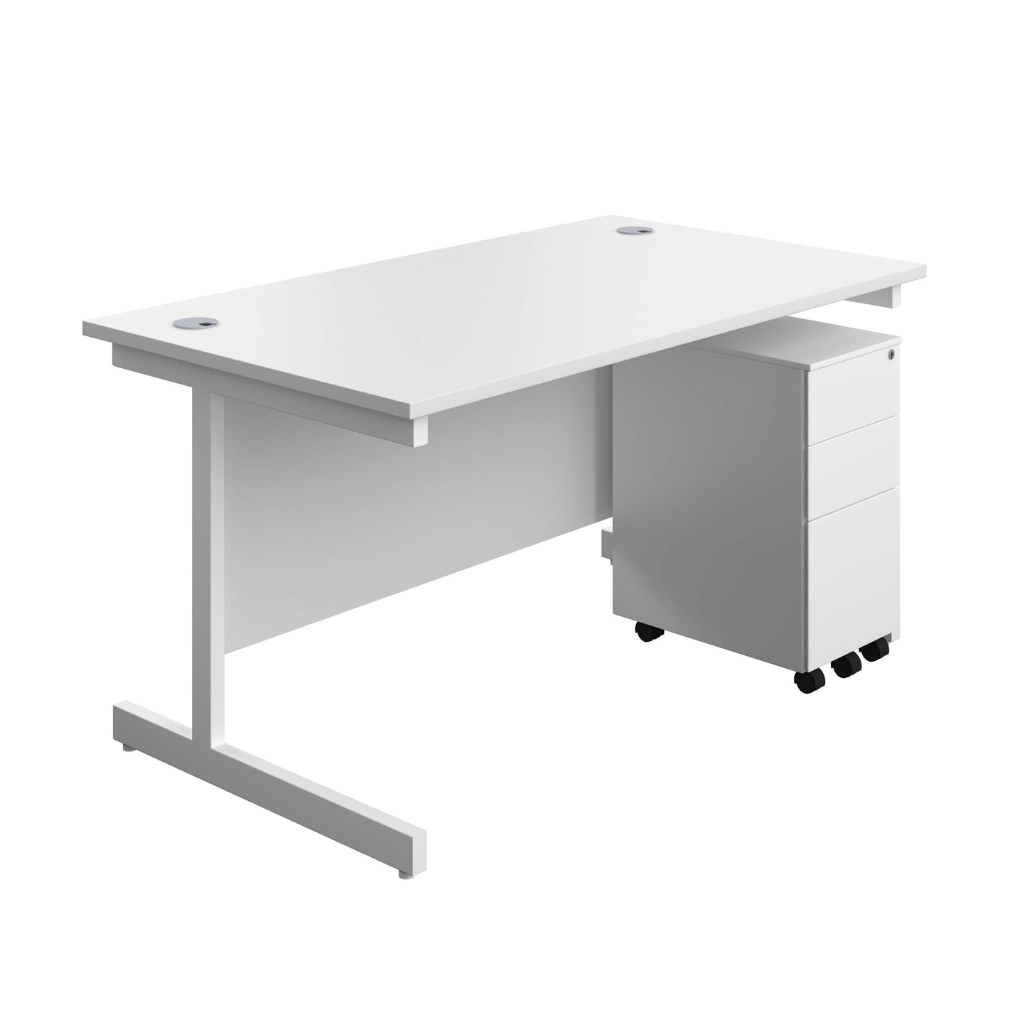 Single Upright Rectangular Desk + Slimline Steel Pedestal 3 Drawers (FSC) | 1400 X 800 | White/White