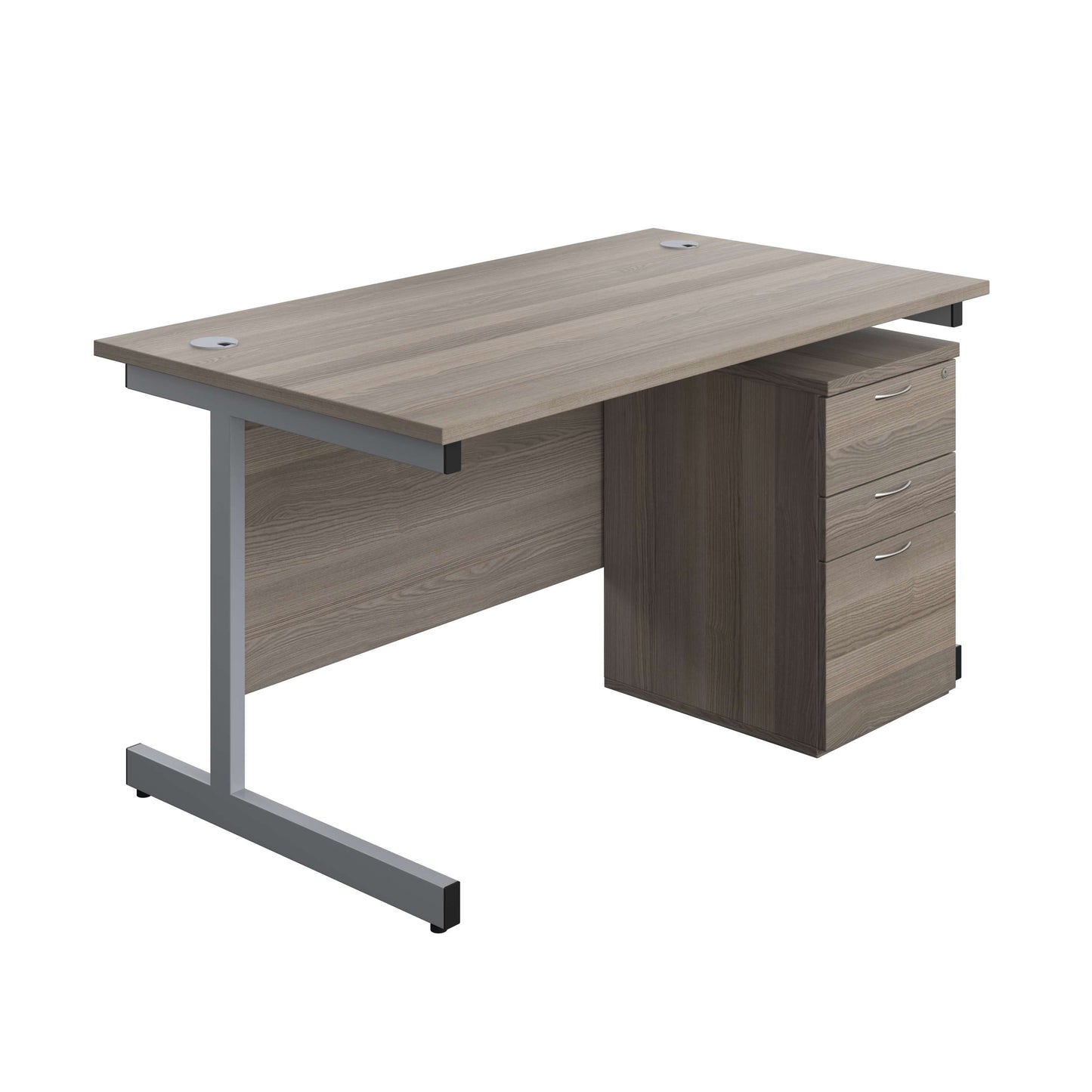 Single Upright Rectangular Desk + High Mobile Pedestal 3 Drawer (FSC) | 1400 X 800 | Grey Oak/Silver