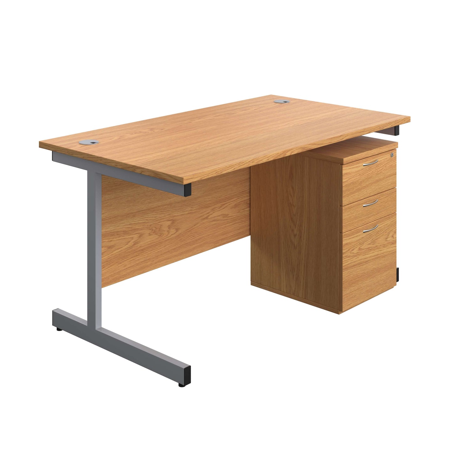 Single Upright Rectangular Desk + High Mobile Pedestal 3 Drawer (FSC) | 1400 X 800 | Nova Oak/Silver