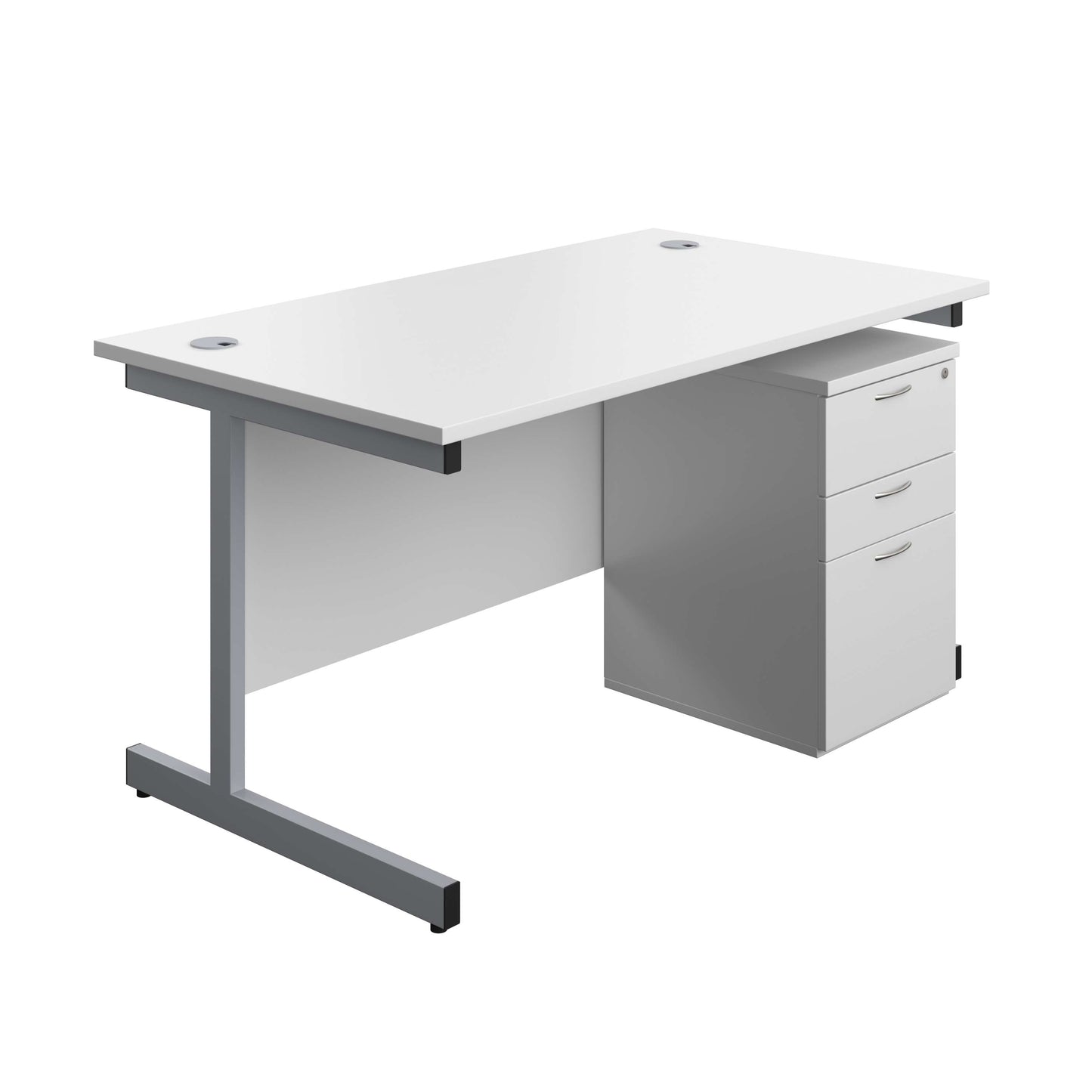 Single Upright Rectangular Desk + High Mobile Pedestal 3 Drawer (FSC) | 1400 X 800 | White/Silver