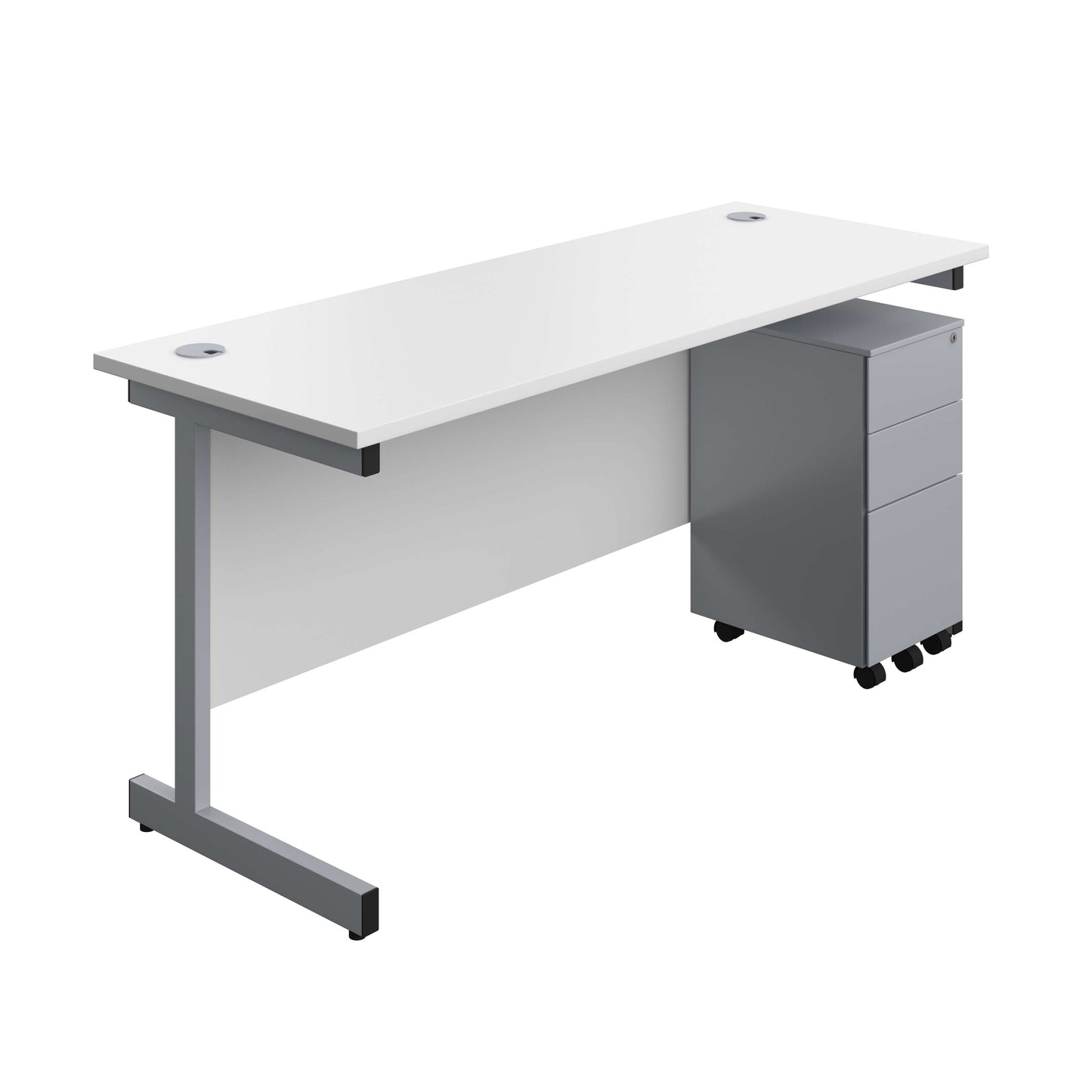 Single Upright Rectangular Desk + Slimline Steel Pedestal 3 Drawers (FSC) | 1600 X 600 | White/Silver
