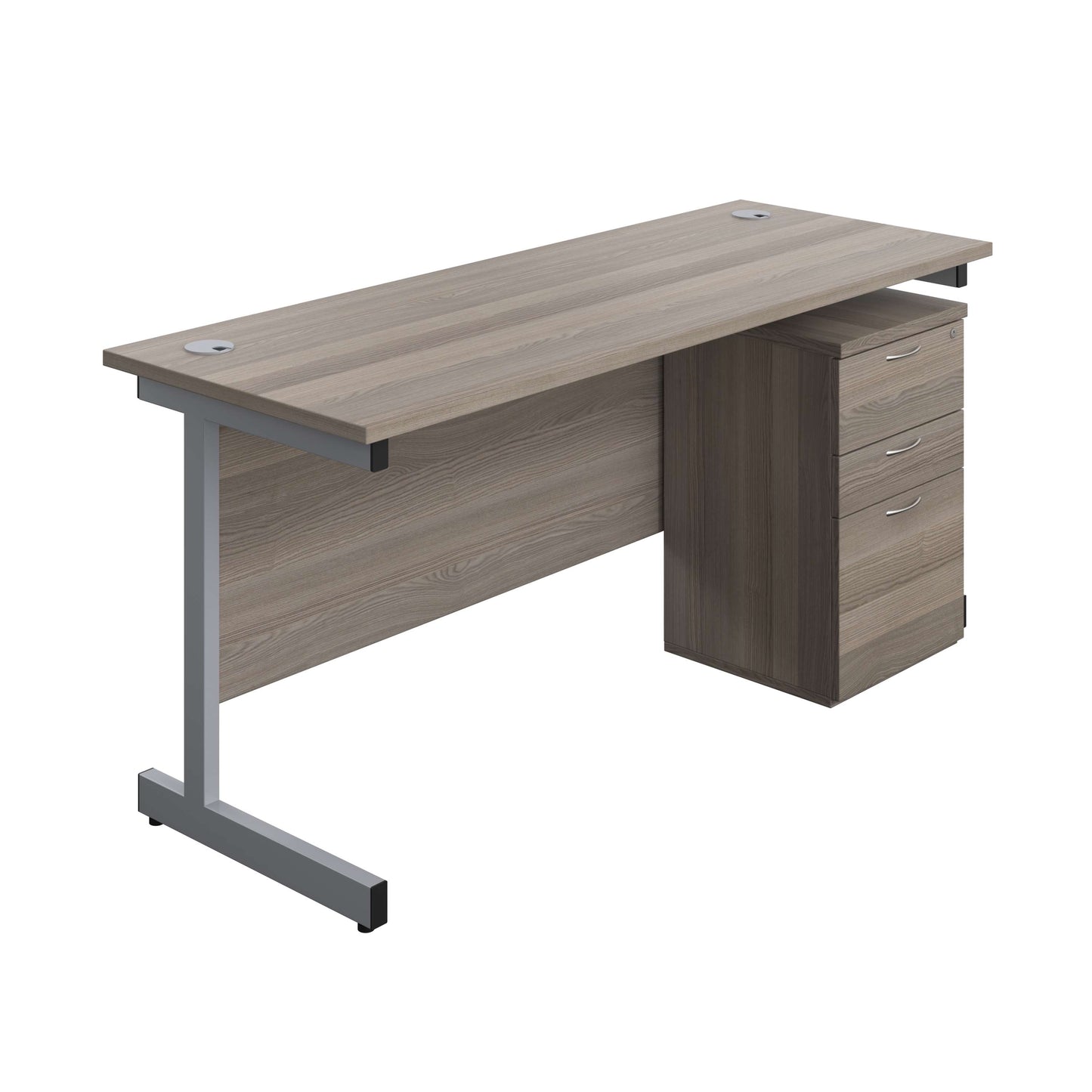 Single Upright Rectangular Desk + High Mobile Pedestal 3 Drawer (FSC) | 1600 X 600 | Grey Oak/Silver