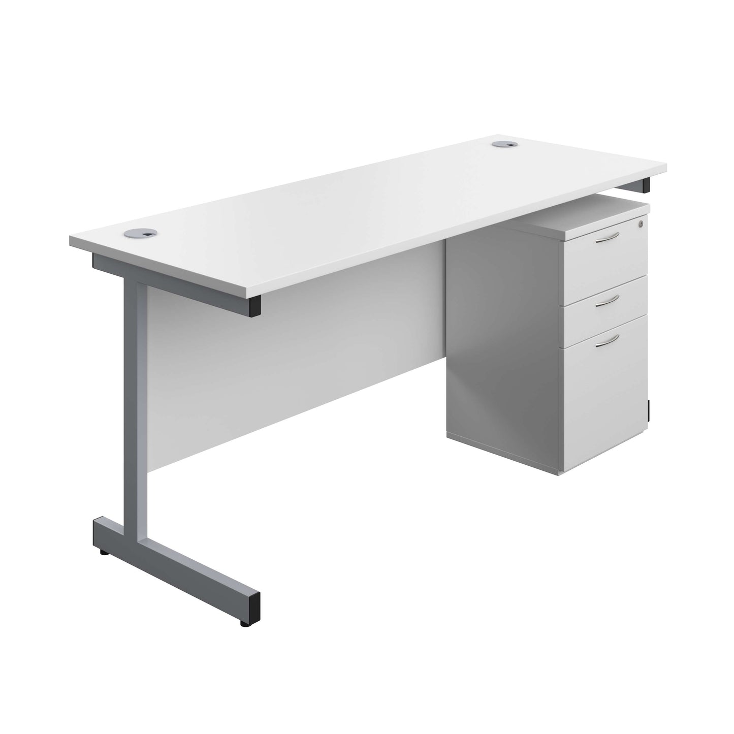 Single Upright Rectangular Desk + High Mobile Pedestal 3 Drawer (FSC) | 1600 X 600 | White/Silver