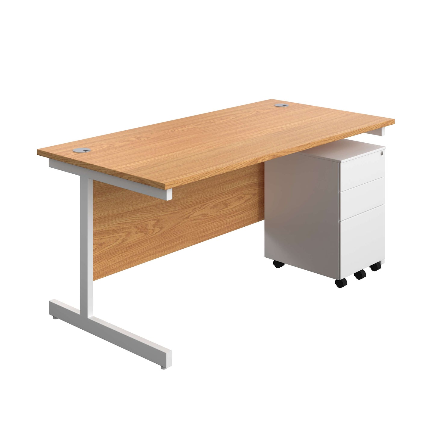 Single Upright Rectangular Desk + Under Desk Steel Pedestal 3 Drawers (FSC) | 1600 X 800 | Nova Oak/White