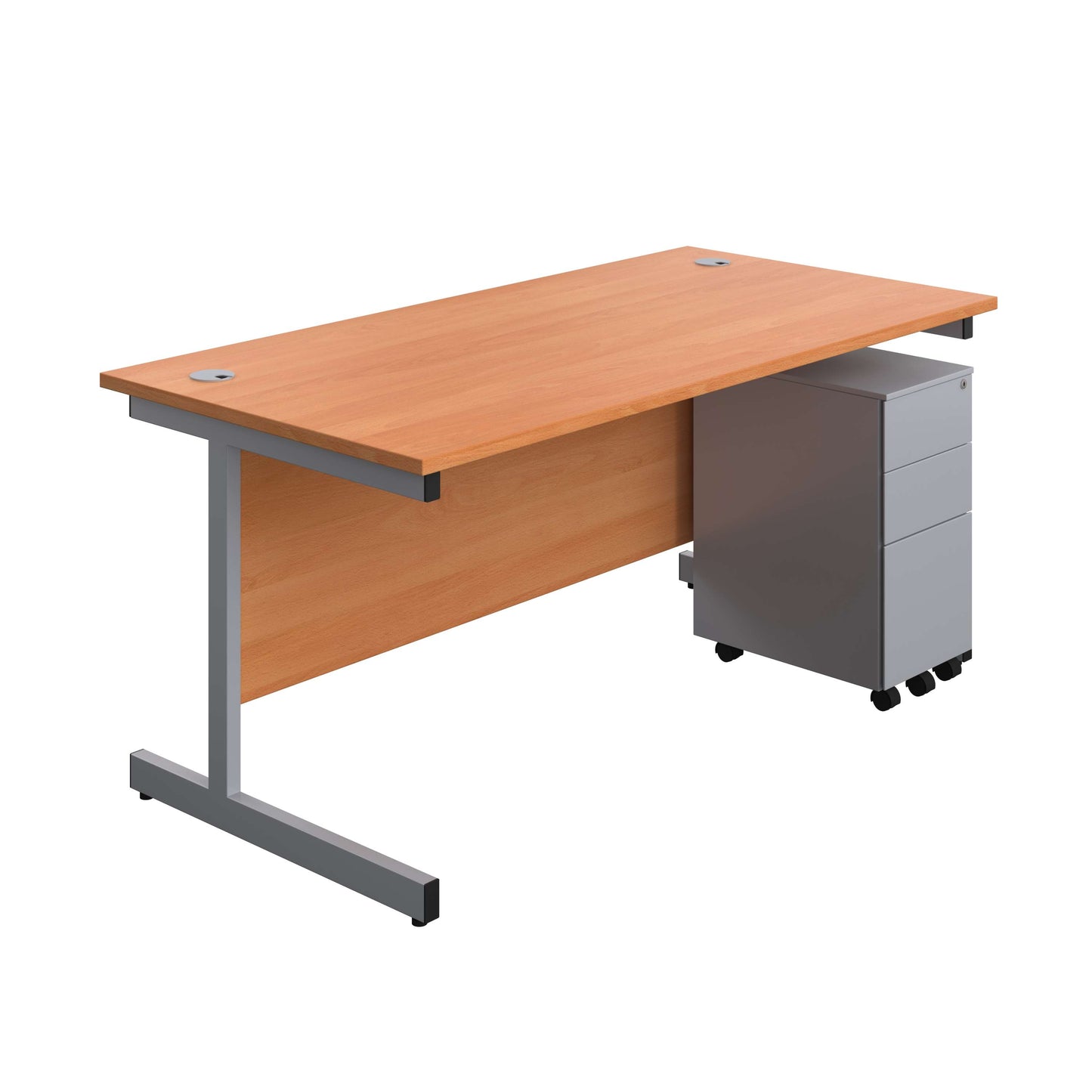 Single Upright Rectangular Desk + Slimline Steel Pedestal 3 Drawers (FSC) | 1600 X 800 | Beech/Silver