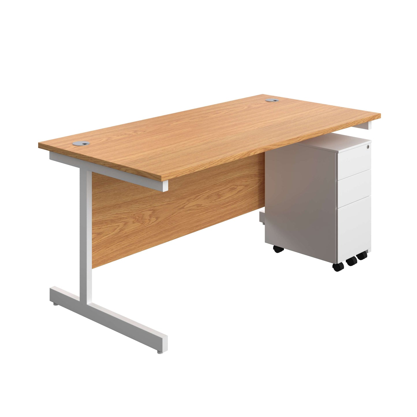 Single Upright Rectangular Desk + Slimline Steel Pedestal 3 Drawers (FSC) | 1600 X 800 | Nova Oak/White