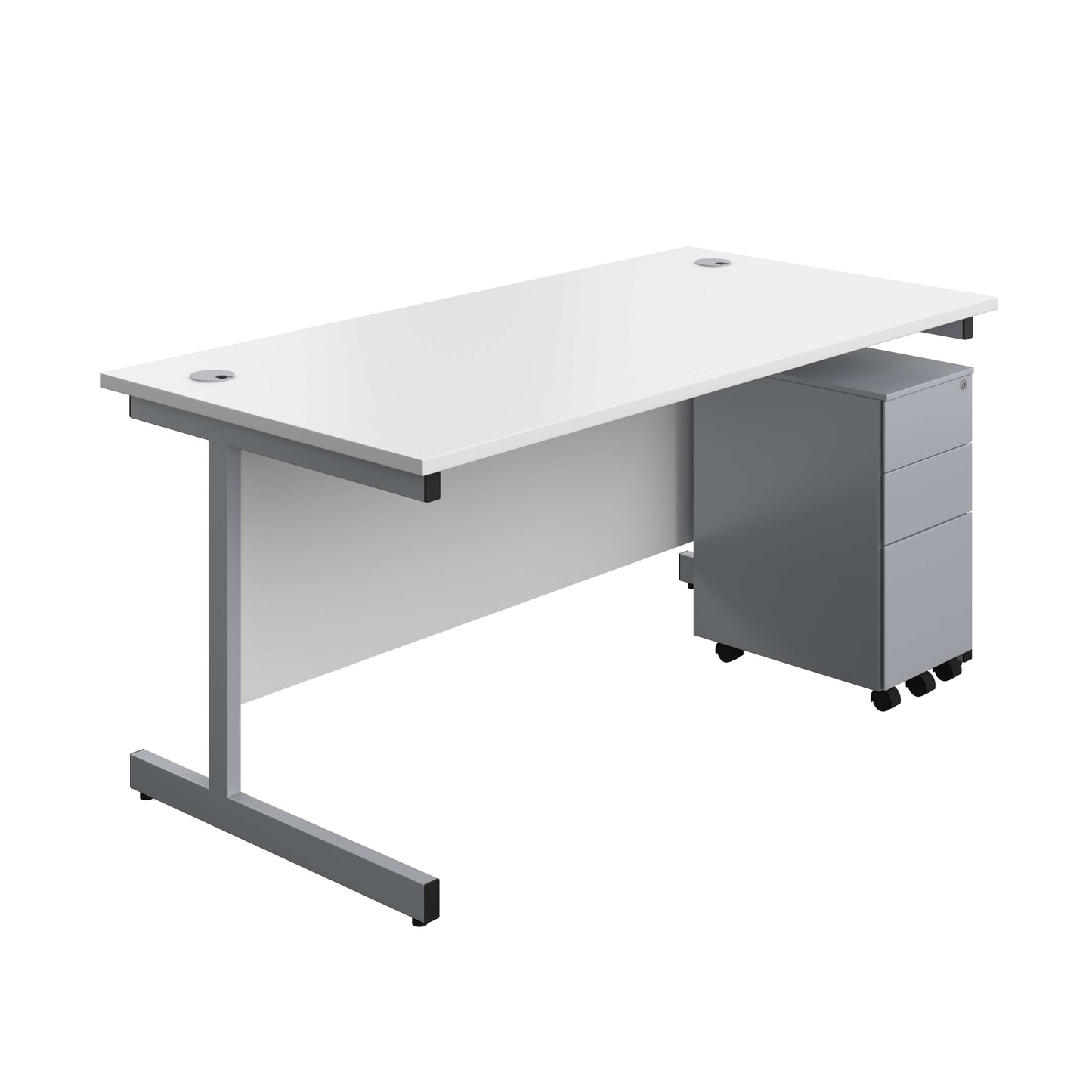 Single Upright Rectangular Desk + Slimline Steel Pedestal 3 Drawers (FSC) | 1600 X 800 | White/Silver