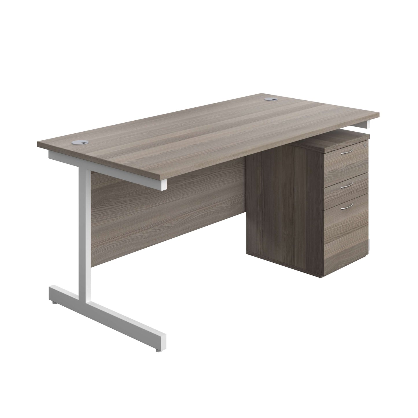 Single Upright Rectangular Desk + High Mobile Pedestal 3 Drawer (FSC) | 1600 X 800 | Grey Oak/White