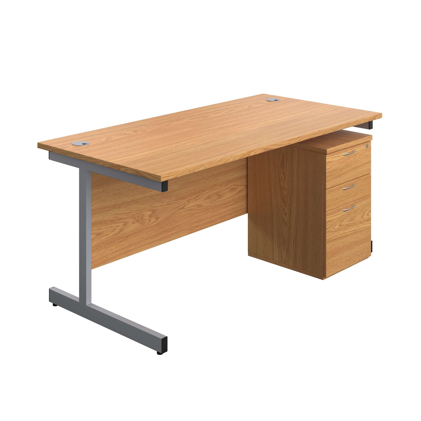 Single Upright Rectangular Desk + High Mobile Pedestal 3 Drawer (FSC) | 1600 X 800 | Nova Oak/Silver
