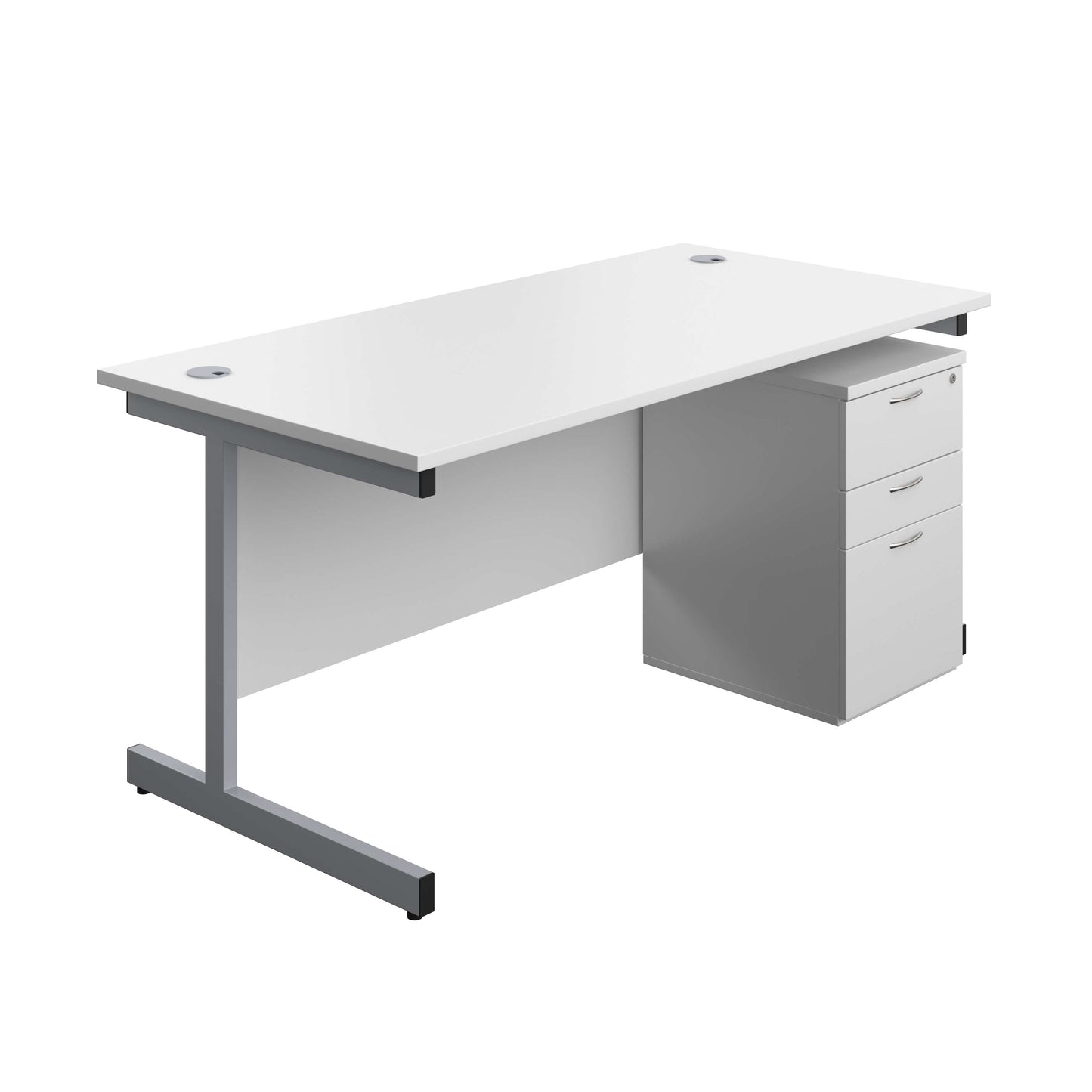 Single Upright Rectangular Desk + High Mobile Pedestal 3 Drawer (FSC) | 1600 X 800 | White/Silver