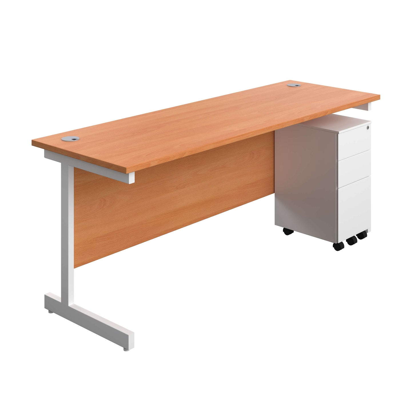 Single Upright Rectangular Desk + Slimline Steel Pedestal 3 Drawers (FSC) | 1800 X 600 | Beech/White