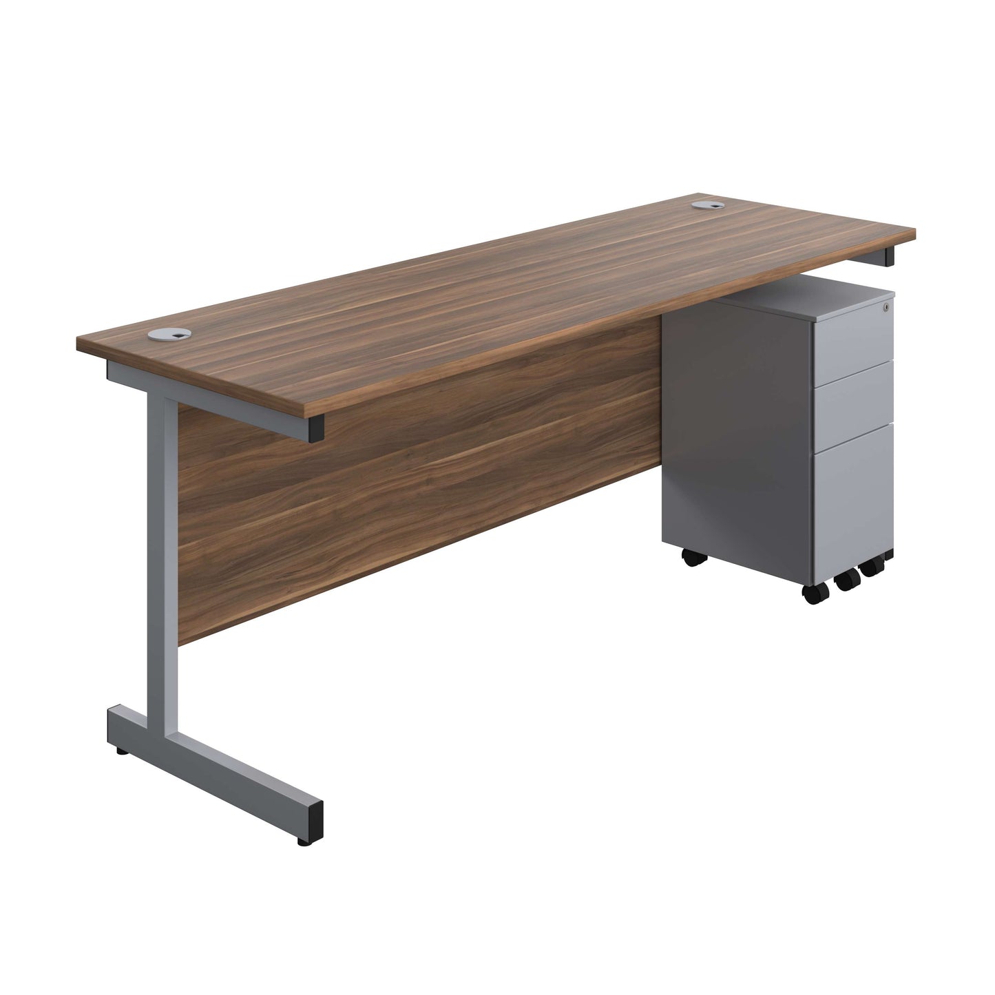 Single Upright Rectangular Desk + Slimline Steel Pedestal 3 Drawers (FSC) | 1800 X 600 | Dark Walnut/Silver