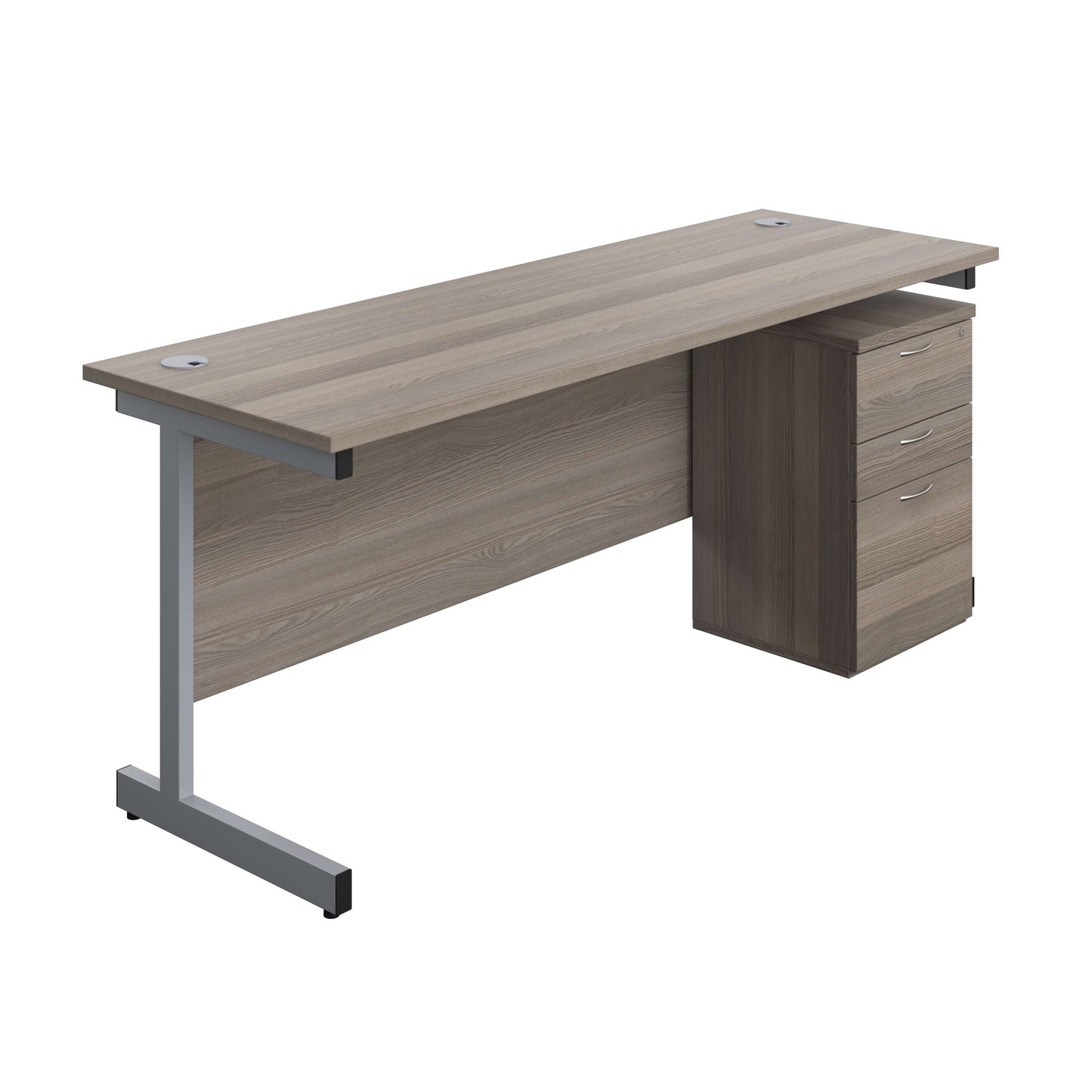 Single Upright Rectangular Desk + High Mobile Pedestal 3 Drawer (FSC) | 1800 X 600 | Grey Oak/Silver