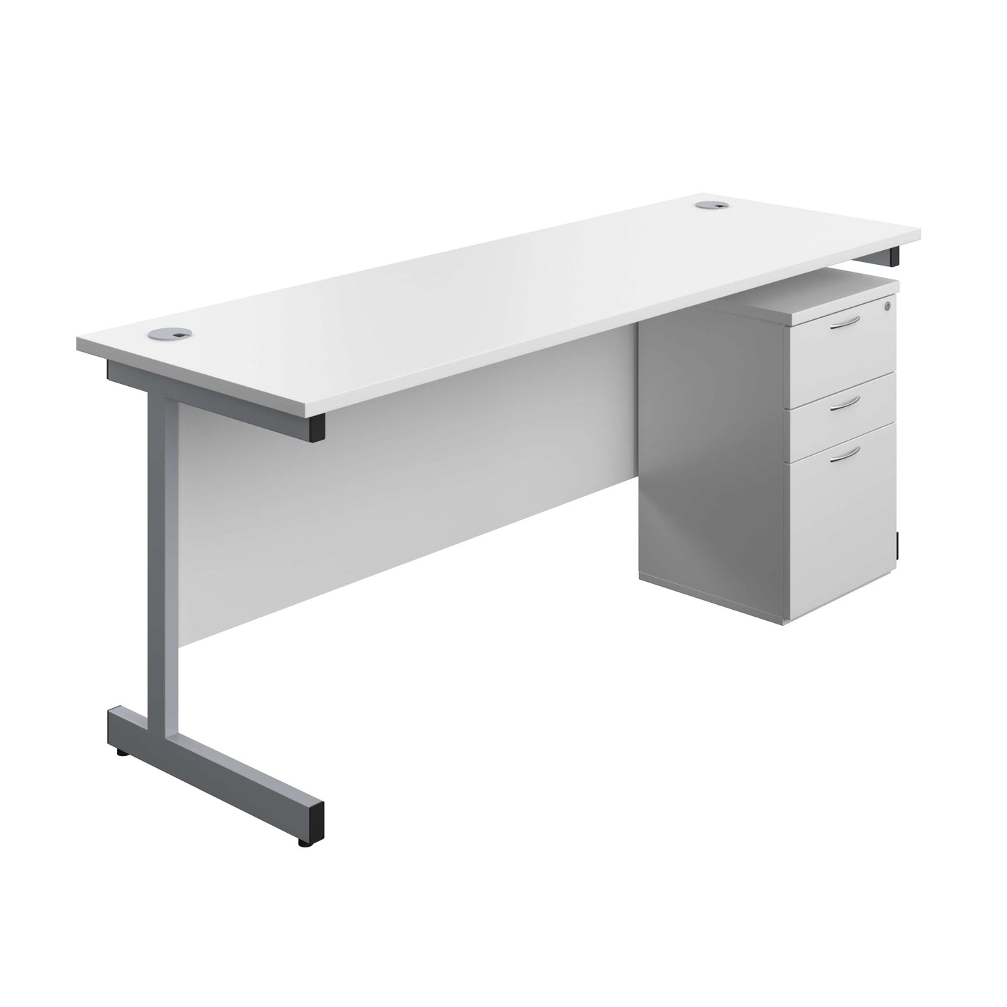 Single Upright Rectangular Desk + High Mobile Pedestal 3 Drawer (FSC) | 1800 X 600 | White/Silver