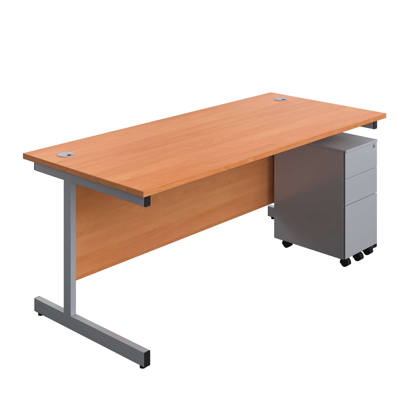 Single Upright Rectangular Desk + Slimline Steel Pedestal 3 Drawers (FSC) | 1800 X 800 | Beech/Silver