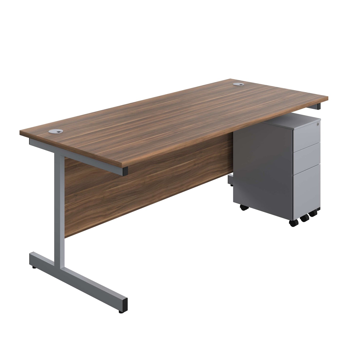 Single Upright Rectangular Desk + Slimline Steel Pedestal 3 Drawers (FSC) | 1800 X 800 | Dark Walnut/Silver