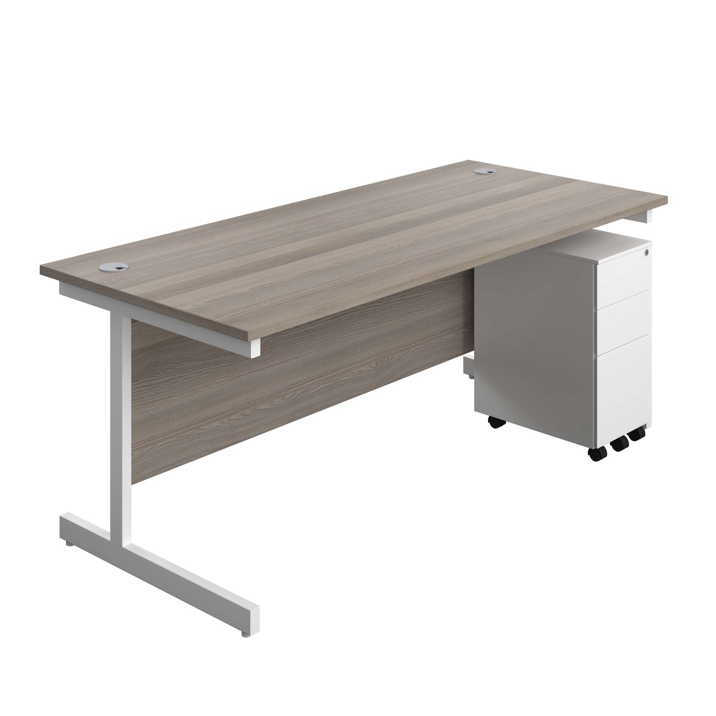 Single Upright Rectangular Desk + Slimline Steel Pedestal 3 Drawers (FSC) | 1800 X 800 | Grey Oak/White