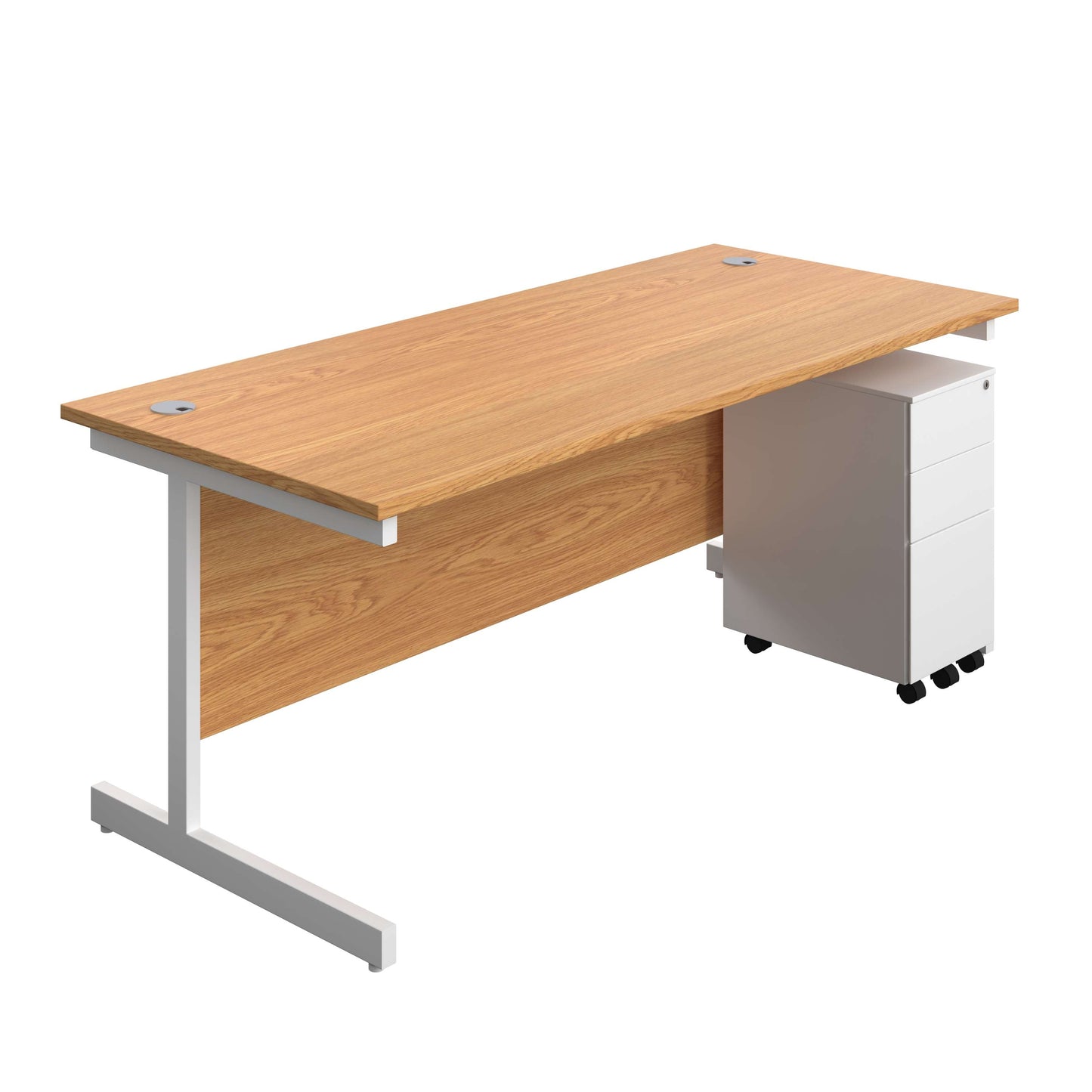 Single Upright Rectangular Desk + Slimline Steel Pedestal 3 Drawers (FSC) | 1800 X 800 | Nova Oak/White