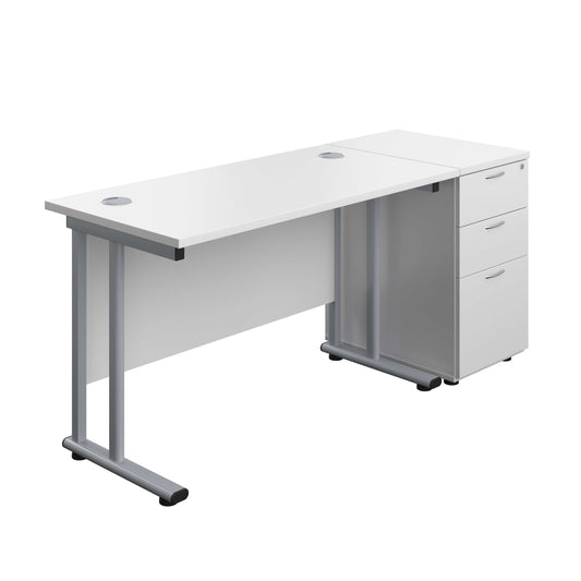 Twin Upright Rectangular Desk + Desk High 3 Drawer Pedestal (FSC) | 1200X600 | White/Silver