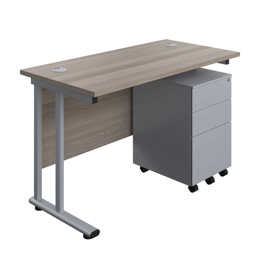 Twin Upright Rectangular Desk + Under Desk Steel Pedestal 3 Drawers (FSC) | 1200X600 | Grey Oak/Silver