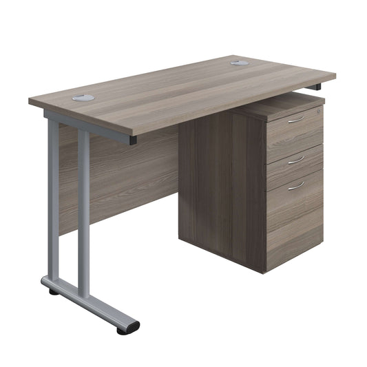 Twin Upright Rectangular Desk + High Mobile Pedestal 3 Drawer (FSC) | 1200X600 | Grey Oak/Silver
