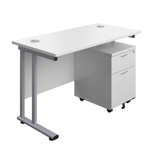 Twin Upright Rectangular Desk + Mobile 2 Drawer Pedestal (FSC) | 1200X600 | White/Silver
