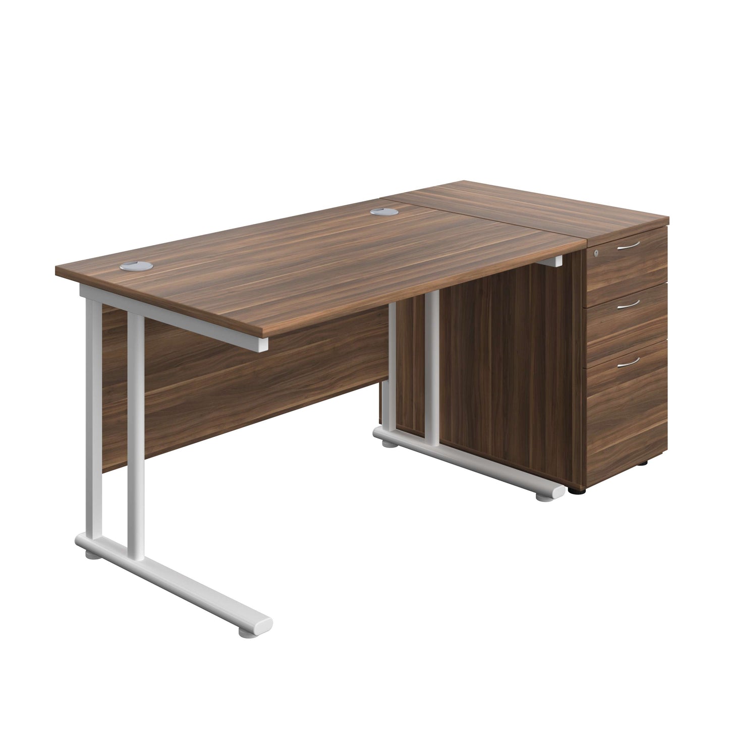Twin Upright Rectangular Desk + Desk High 3 Drawer Pedestal (FSC) | 1200X800 | Dark Walnut/White