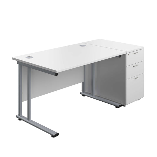 Twin Upright Rectangular Desk + Desk High 3 Drawer Pedestal (FSC) | 1200X800 | White/Silver