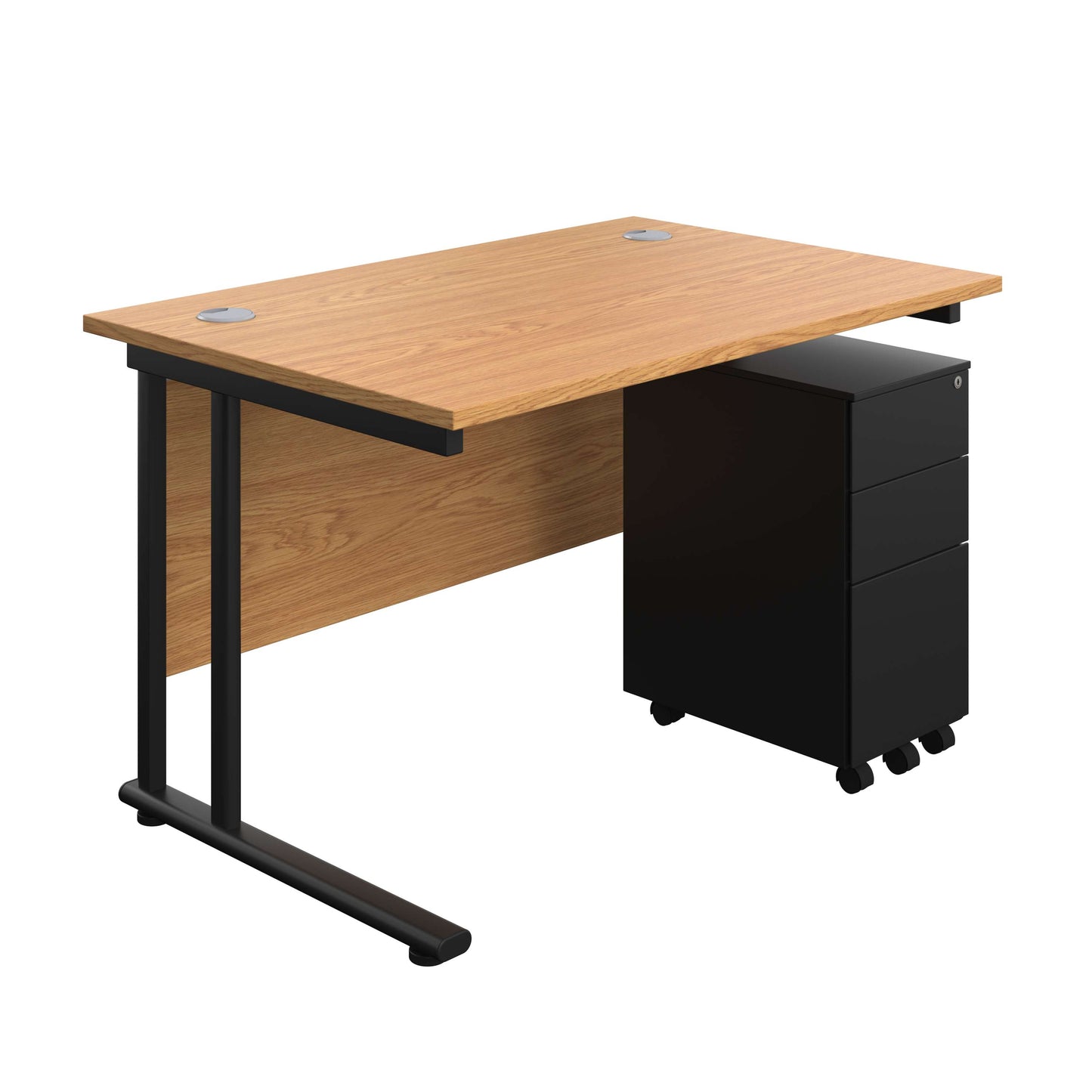 Twin Upright Rectangular Desk + Slimline Steel Pedestal 3 Drawers (FSC) | 1200X800 | Nova Oak/Black