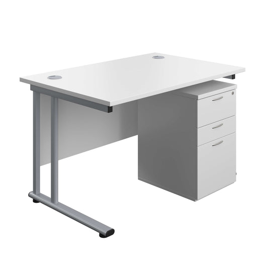Twin Upright Rectangular Desk + High Mobile Pedestal 3 Drawer (FSC) | 1200X800 | White/Silver
