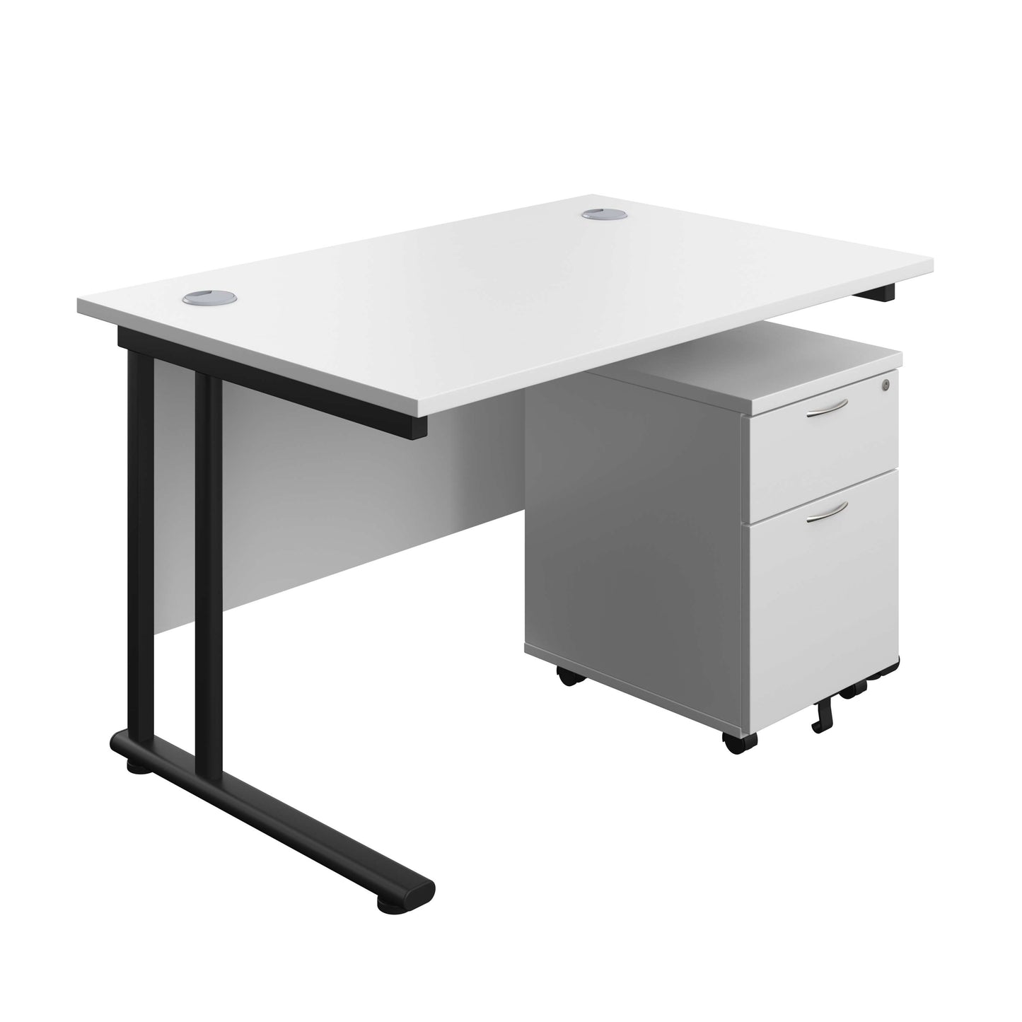 Twin Upright Rectangular Desk + Mobile 2 Drawer Pedestal (FSC) | 1200X800 | White/Black