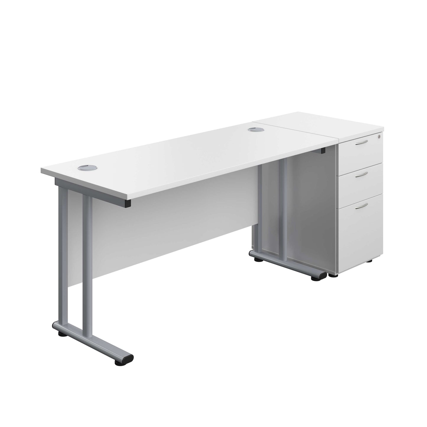 Twin Upright Rectangular Desk + Desk High 3 Drawer Pedestal (FSC) | 1400X600 | White/Silver