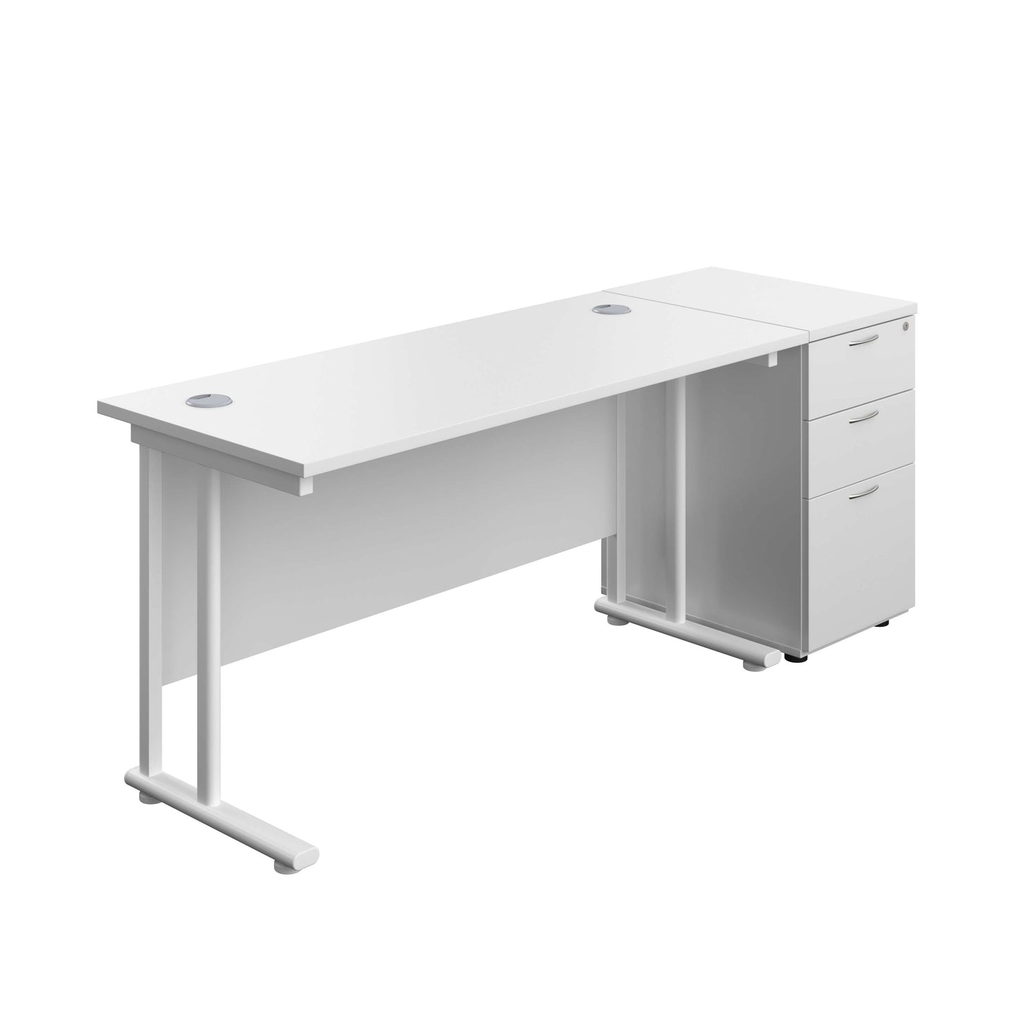 Twin Upright Rectangular Desk + Desk High 3 Drawer Pedestal (FSC) | 1400X600 | White/White
