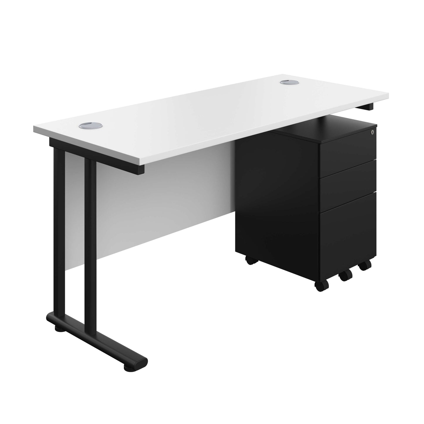 Twin Upright Rectangular Desk + Under Desk Steel Pedestal 3 Drawers (FSC) | 1400X600 | White/Black