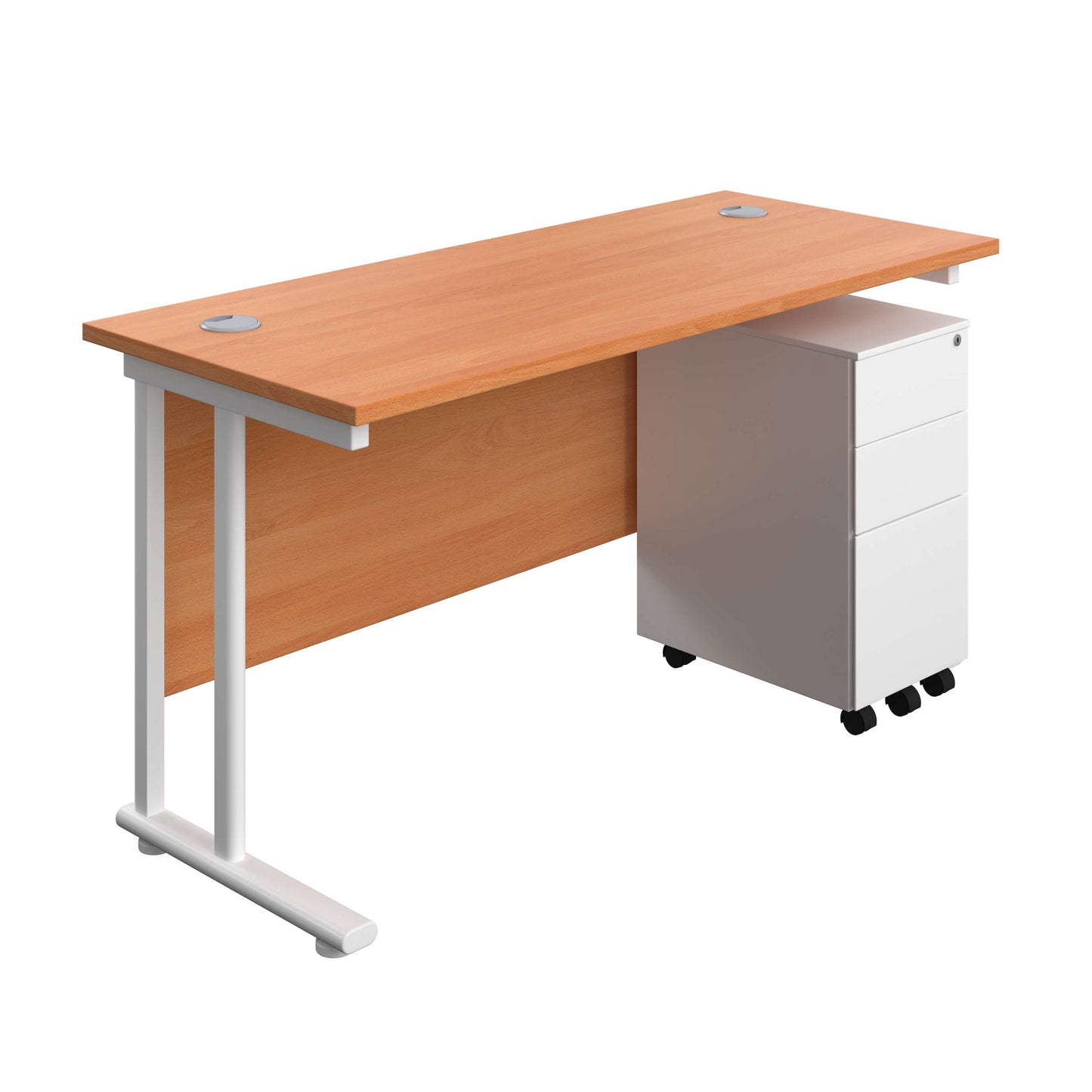 Twin Upright Rectangular Desk + Slimline Steel Pedestal 3 Drawers (FSC) | 1400X600 | Beech/White