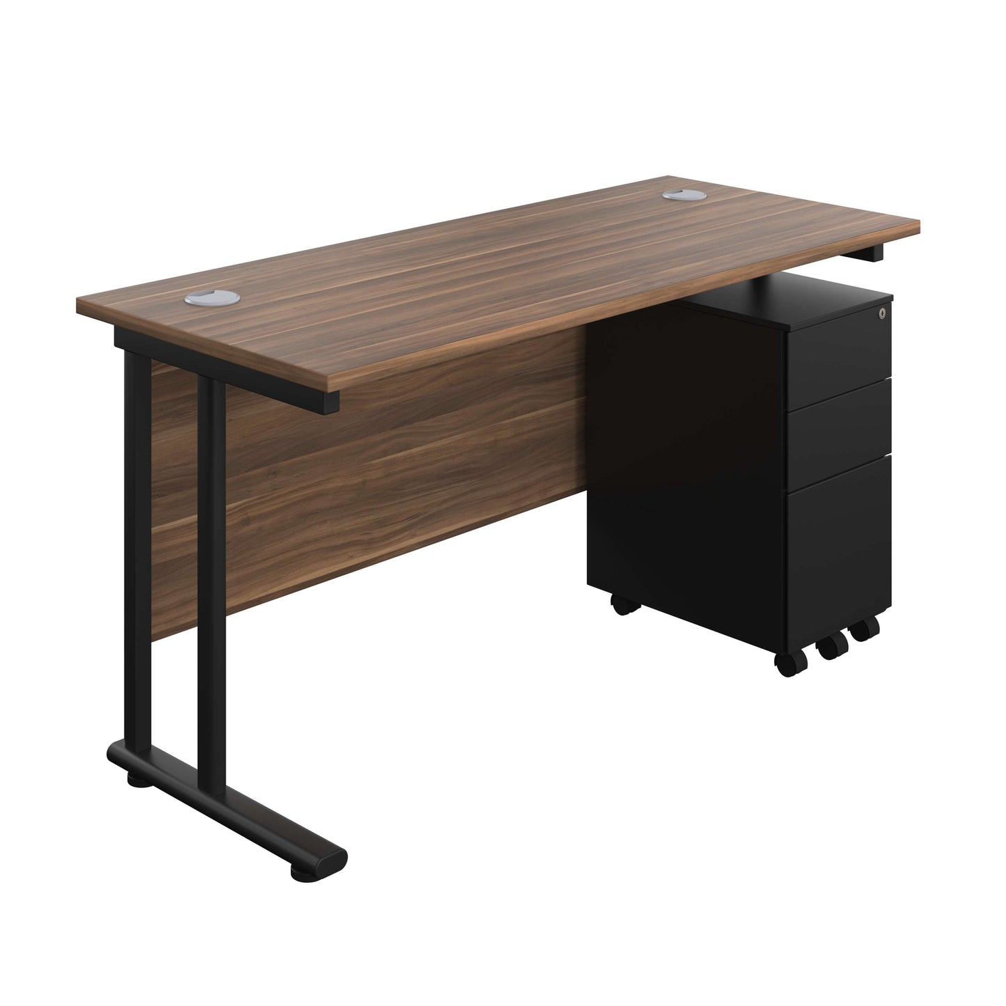 Twin Upright Rectangular Desk + Slimline Steel Pedestal 3 Drawers (FSC) | 1400X600 | Dark Walnut/Black