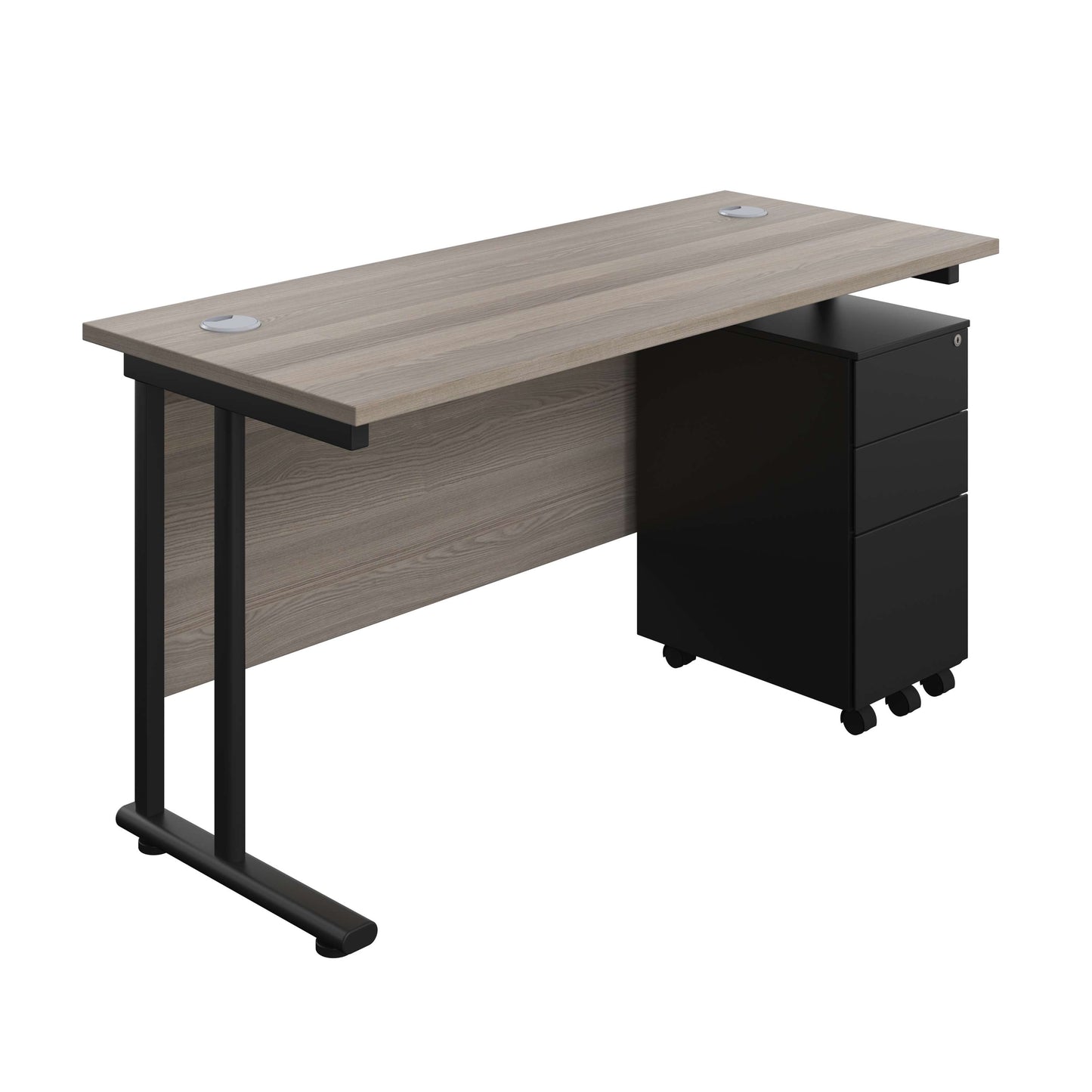 Twin Upright Rectangular Desk + Slimline Steel Pedestal 3 Drawers (FSC) | 1400X600 | Grey Oak/Black