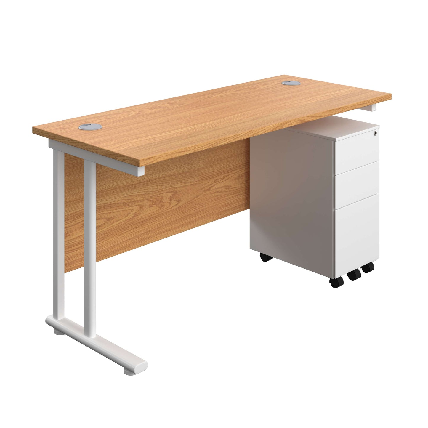 Twin Upright Rectangular Desk + Slimline Steel Pedestal 3 Drawers (FSC) | 1400X600 | Nova Oak/White