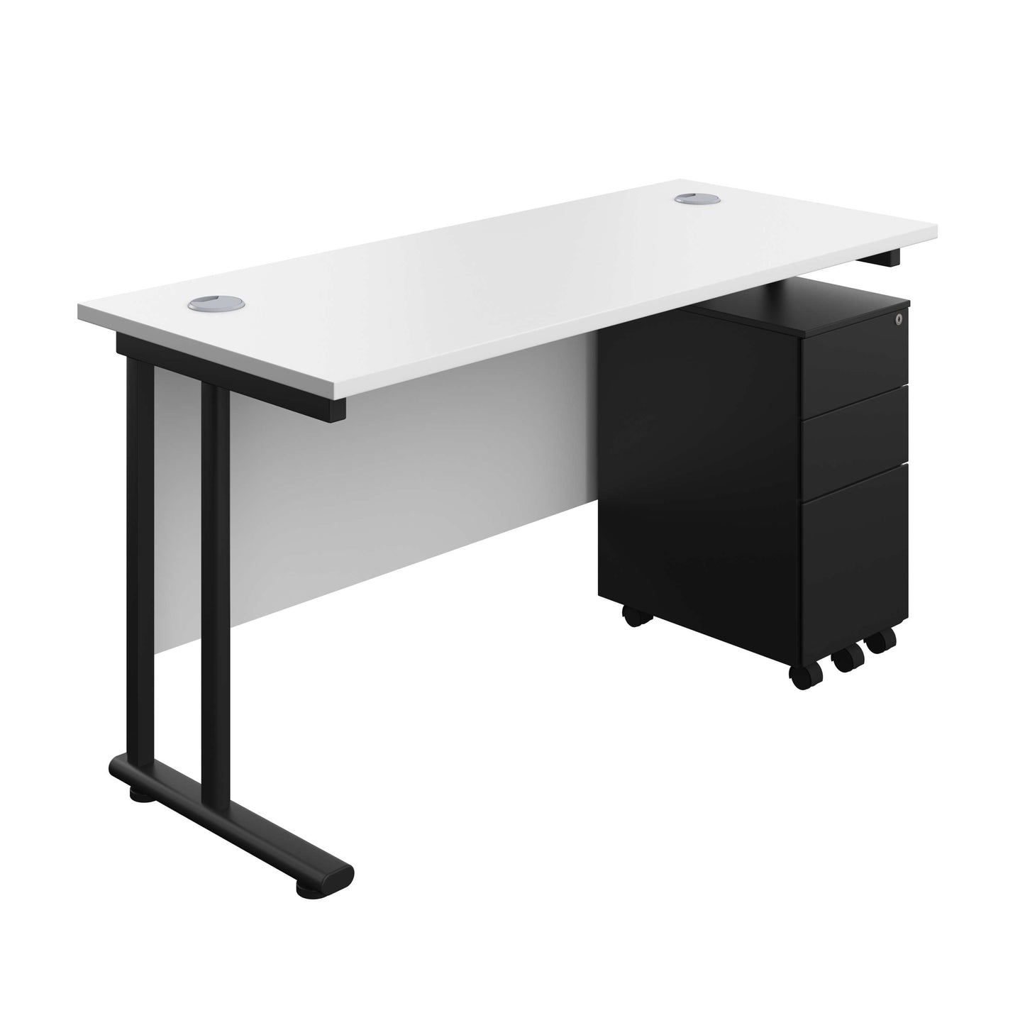 Twin Upright Rectangular Desk + Slimline Steel Pedestal 3 Drawers (FSC) | 1400X600 | White/Black