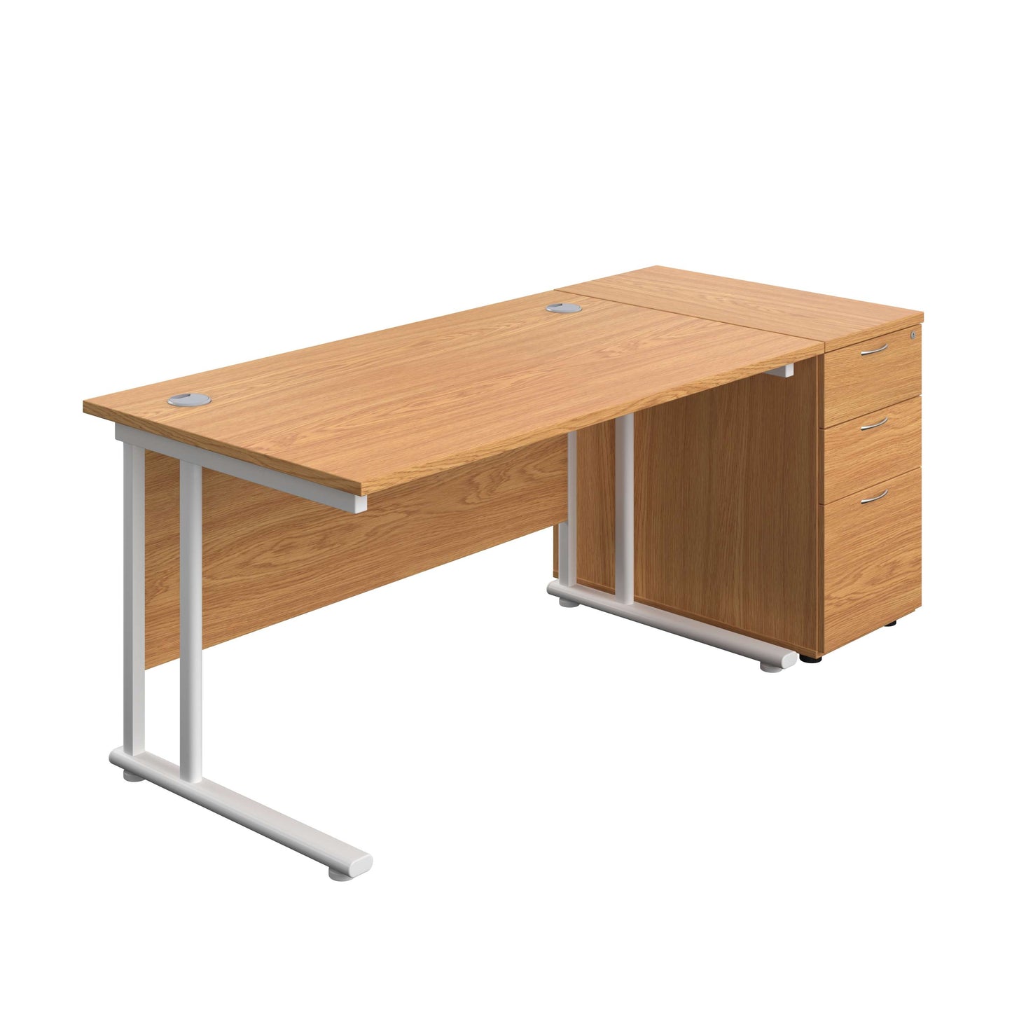 Twin Upright Rectangular Desk + Desk High 3 Drawer Pedestal (FSC) | 1400X800 | Nova Oak/White